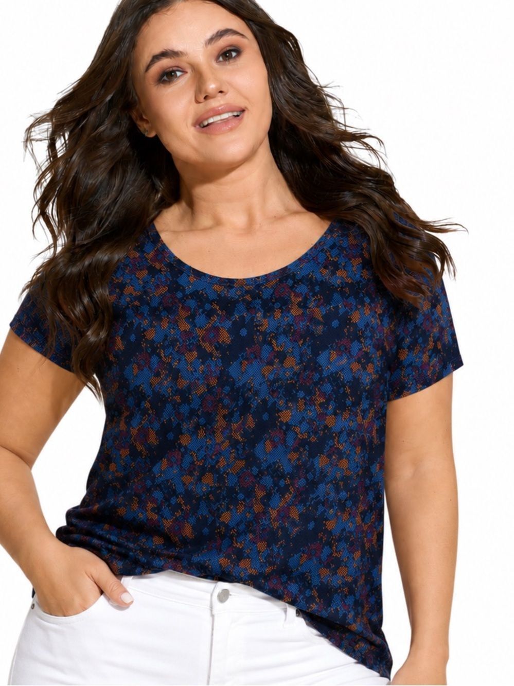 Lularoe Popover Irma Stretchy Top Triangle Print Size Large orange/teal